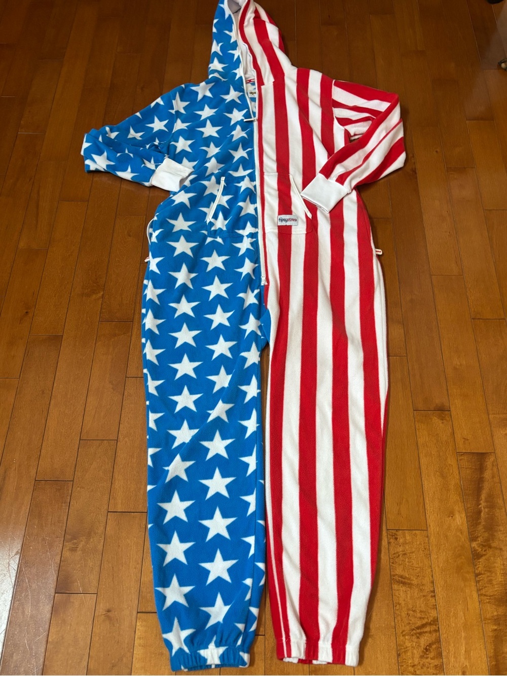Tipsy Elves Mens XL Patriotic USA Stars Stripe Hooded One-Piece Blue Red White